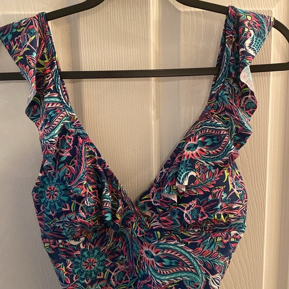Caribbean Joe V-neck One Piece Swimsuit Ruffle Midnight Blue Paisley - Picture 2 of 8